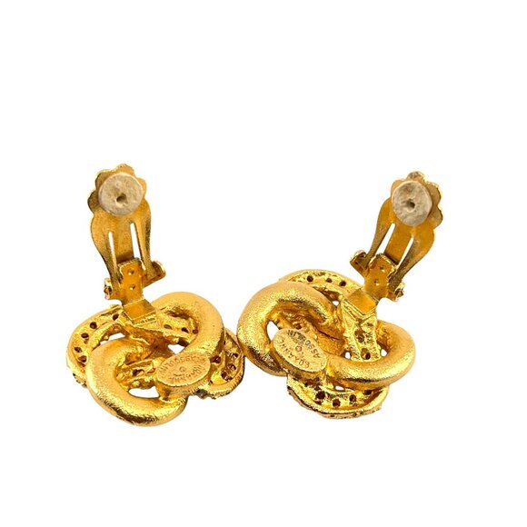 Roxanne Assoulin 1980s Designer Vintage Clip-On Earrings Gold Black Enamel Rhine - Picture 6 of 8